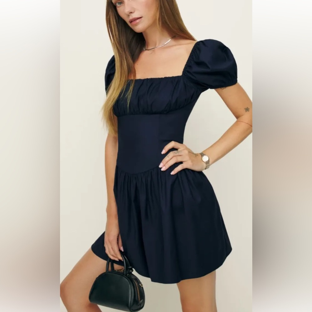 Reformation Navy Puff Sleeve Mini Dress